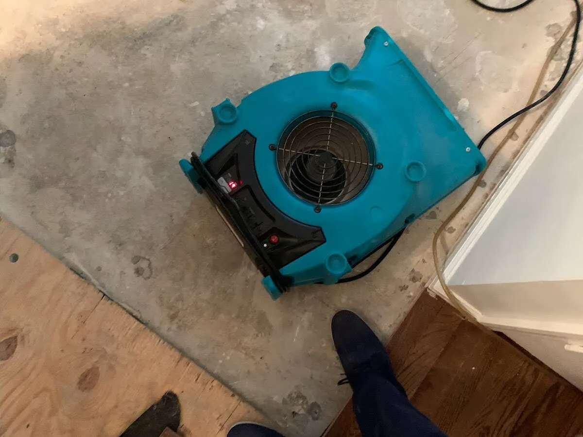 Air mover drying subfloor during Leak Detection & Repair in Floyds Knobs